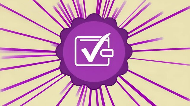 Digital wallet icon animating approval checkmark and purple speed lines on beige background