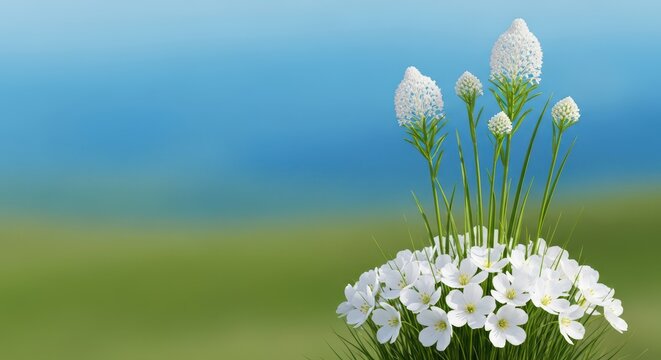 Close up view of a cluster of white flowers and tall stems of bears grass growing in a high altitude meadow landscape under daylight, plant, scenic, needlelike