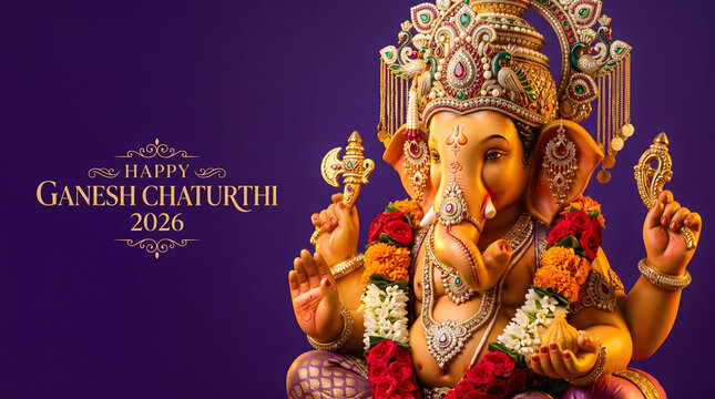 Golden Ganesha idol with jeweled crown and red rose garland on purple festival poster