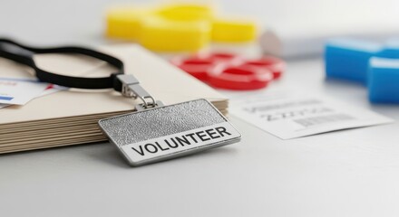 Fototapeta premium Silver volunteer badge with lanyard resting on a stack of papers and office supplies