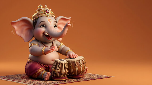 Cheerful baby Ganesha playing tabla drum on carpet with orange background