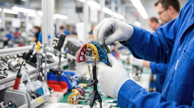 Factory worker assembling the colorful metal lobes of a spring loaded climbing cam device
