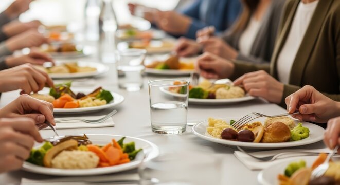 People enjoying a shared meal at a table with plates of food and glasses of water