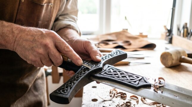 Woodcarver carefully cutting a traditional Celtic knot pattern into a dark wooden sword hilt