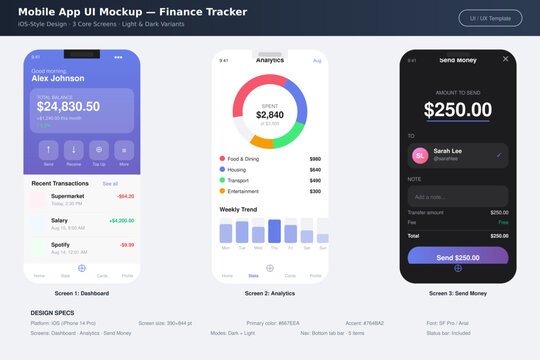 Mobile App UI Mockup &mdash; Finance Tracker with Dashboard Analytics and Send Money Screens iOS Dark Light