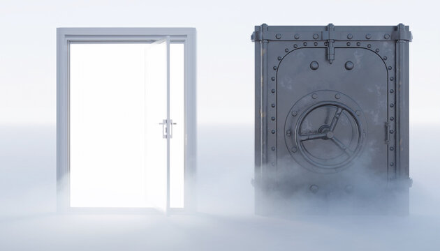 Surreal setup showing a glass sliding door and an iron submarine bulkhead door in a foggy space