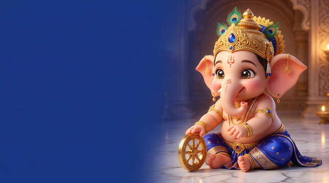 Baby ganesha sitting on marble floor holding chakra wheel with blue temple background