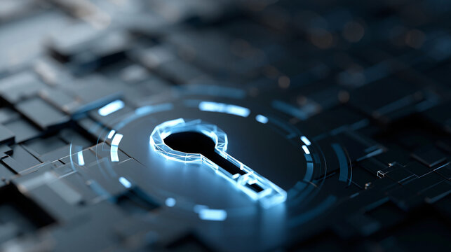 Restricted access control with a glowing geometric key over a single slot in a dark layered security framework background, with copy space
