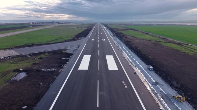 Aerial view straight down an airport runway disappearing into dense fog, with fresh runway markings, threshold stripes and surrounding construction areas creating a dramatic low-visibility aviation sc