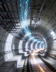 Fototapeta premium Futuristic transportation tunnel with digital light trail infrastructure concept 