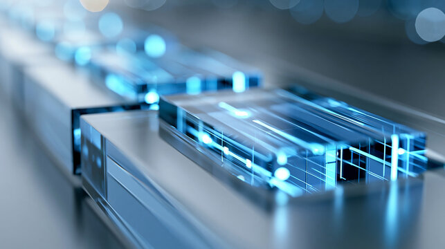 Transparent blue acrylic automation panels with a glowing workflow slot, business technology report cover and website header concept, with copy space