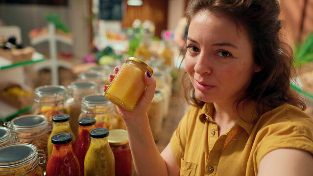 Woman films vlog praising hidden gem sustainable local neighborhood supermarket, impressed by high quality natural products. Health influencer shows around newly opened zero waste shop.
