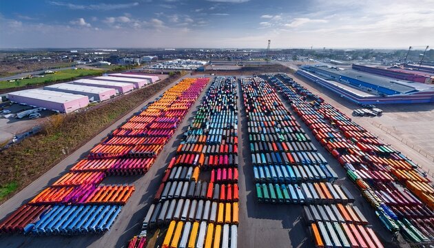 aerial view of colorful truck chassis in industrial yard
