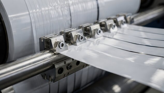 Closeup of razor blades dynamically repositioning on a slitting machine to slit a large film roll into narrower strips with accuracy and efficiency.