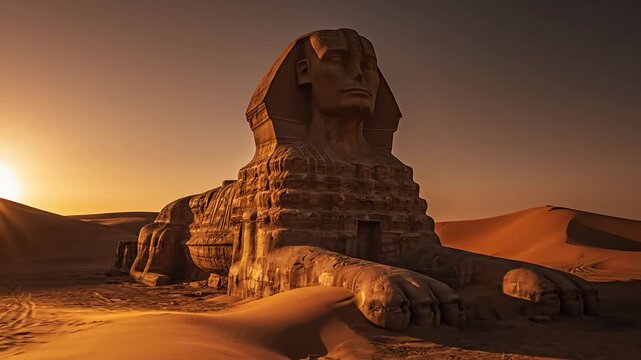 Great Sphinx of Giza monument in desert sunset.