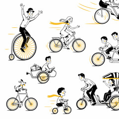 Naklejka premium Diverse Collection of People Riding Various Vintage and Modern Bicycles in Comic Style