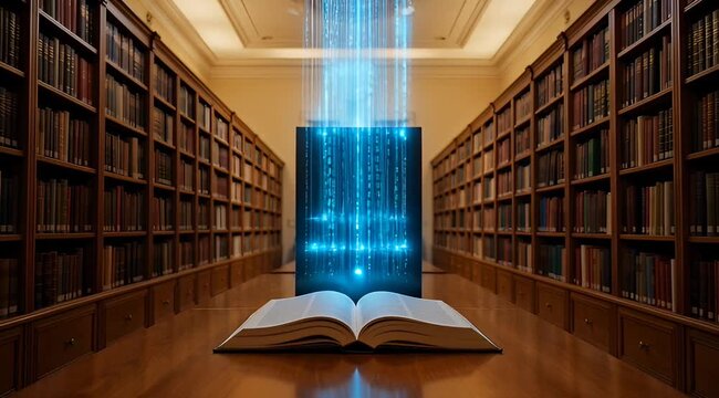 Open book with glowing digital data streams rising in a grand library setting with warm lighting