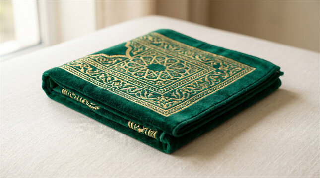 Elegant Green Islamic Prayer Rug Folded on Cream Background