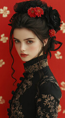 Fototapeta premium Captivating portrait of beautiful young woman with freckles wearing elegant black Victorian-style embroidered dress adorned with vibrant red floral hair accessories against red backdrop