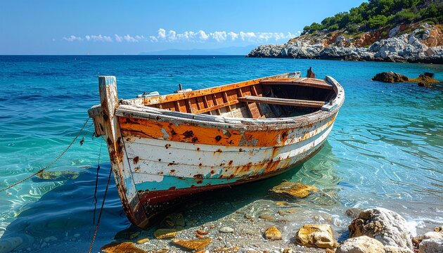 Old weathered wooden fishing boat on clear blue sea shore