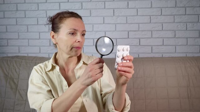 Woman with poor eyesight holding pills. Middle-aged woman with poor eyesight sitting on a sofa and using a magnifying glass to carefully read the prescription information on a blister pack of pills