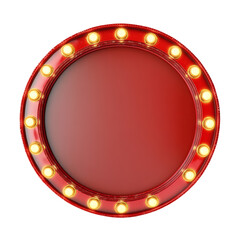 Obraz premium Dynamic round red theatrical sign frame featuring illuminated vintage style light bulbs, creating a radiant border for customizable messages or branding elements&nbsp;