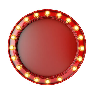 Dynamic round red theatrical sign frame featuring illuminated vintage style light bulbs, creating a radiant border for customizable messages or branding elements&nbsp;