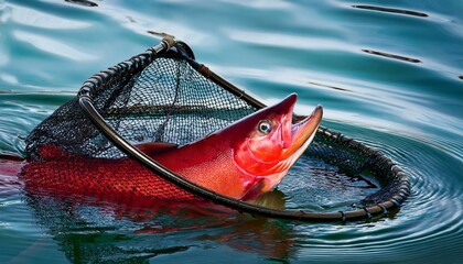 Fototapeta premium sockeye or red salmon in gill net