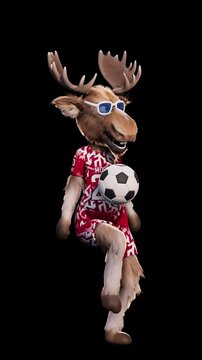 Funny Moose Goalkeeper Kicking a Soccer Ball. 3D Animation
