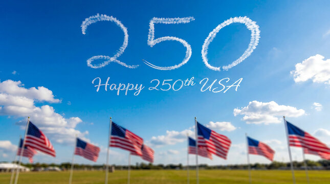 Happy 250th USA Anniversary Celebration Featuring Skywriting of Number 250 Above Field of Flying American Flags Against Bright Sunny Blue Sky with Fluffy White Clouds