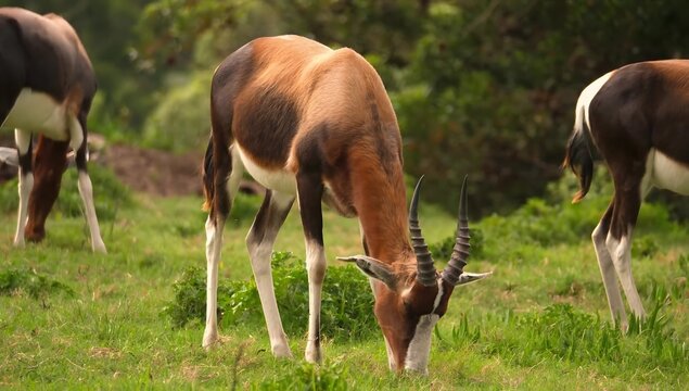 Bontebok antelope grazing in a grassy field with trees in the background