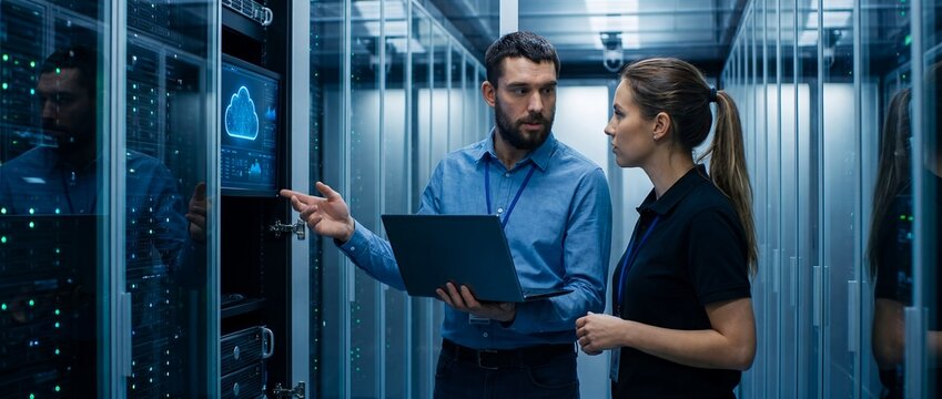 Male it specialist and female technician discussing work in a data center with cloud visualization.