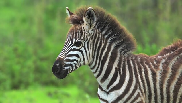 Close-up portrait of a young zebra with distinctive stripes keywords: zebra, young zebra, foal