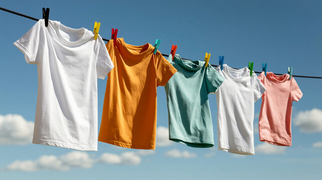 Colorful clean t-shirts hanging on a clothesline with clothespins against a blue sky with clouds. Concept of fresh laundry, domestic housework, and eco-friendly drying
