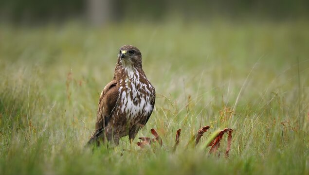 Common buzzard bird of prey standing in tall green grass with prey