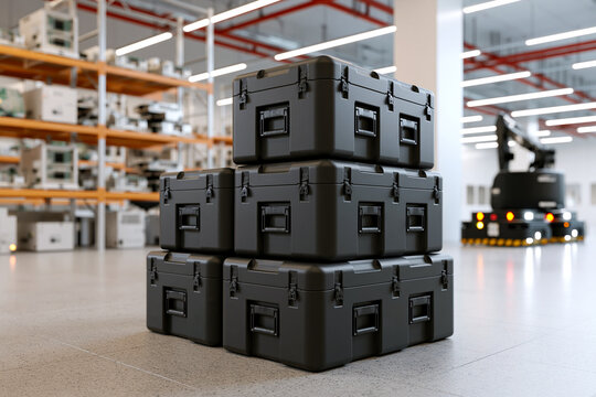 Stack of heavy duty black plastic protective cases on a concrete floor inside a modern warehouse or automated factory interior with shelves in the background