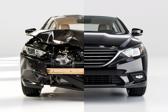 Car accident repair before and after comparison. Splitted view of a black sedan with a smashed crumpled front side and a perfectly restored shiny new vehicle after collision fixing