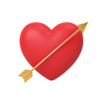 A glossy red heart with a golden arrow passing through it, isolated on transparent background png