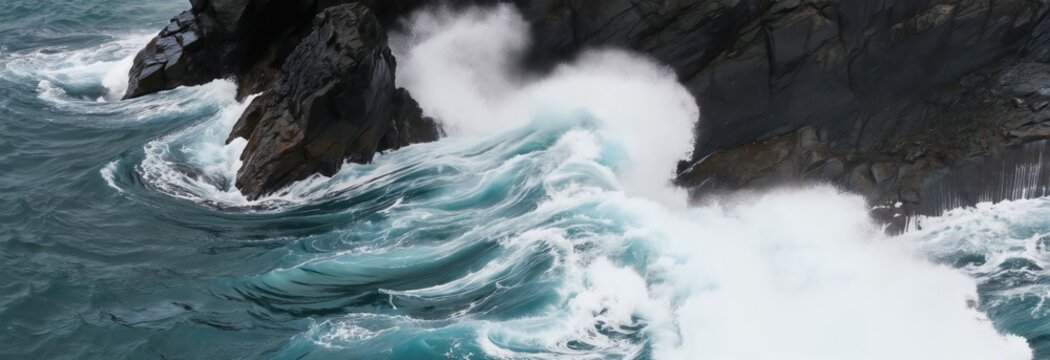 Powerful ocean waves crash against dark sea stacks. White foam splashes against rugged cliffs showing nature raw power and erosion. Turbulent blue water moves with immense force near rocky shores.