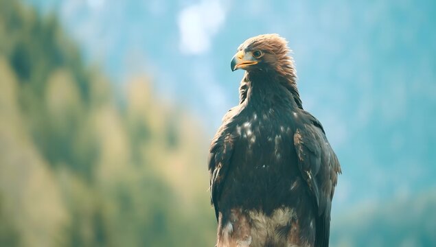Golden eagle perched on a rock with a blurred mountainous background, keywords: golden eagle, bird