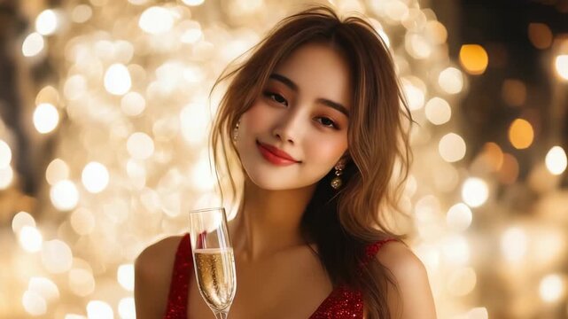 Elegant celebration: woman with champagne in festive bokeh background