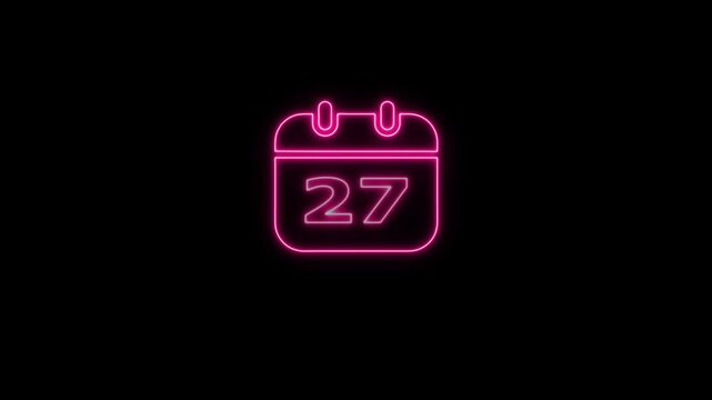 Neon pink calendar with number 27 glowing on black background, for date reminder, and event planning twenty-seven