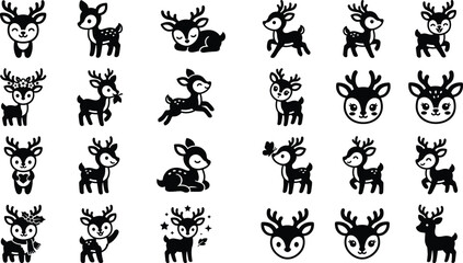 Cute baby deer and cartoon stag silhouette icons set for childish design woodland animals fawn buck reindeer forest wildlife character vector illustration. © Sagor