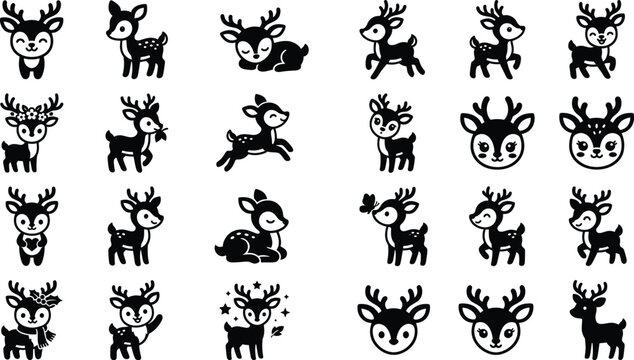 Cute baby deer and cartoon stag silhouette icons set for childish design woodland animals fawn buck reindeer forest wildlife character vector illustration.