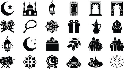 Islamic and Ramadan solid glyph icon set for Muslim religious celebration featuring mosque crescent moon lantern quran prayer rug and traditional elements vector illustration. © Sagor