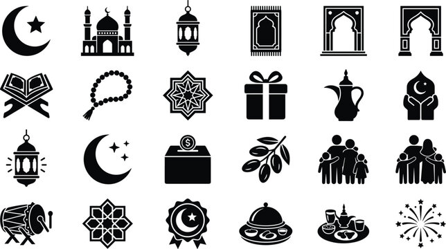 Islamic and Ramadan solid glyph icon set for Muslim religious celebration featuring mosque crescent moon lantern quran prayer rug and traditional elements vector illustration.