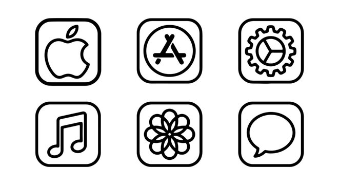 Set of 6 Minimalist App Icons, Vector Graphics, Apple Logo, Music Note, Settings Gear, Chat Bubble