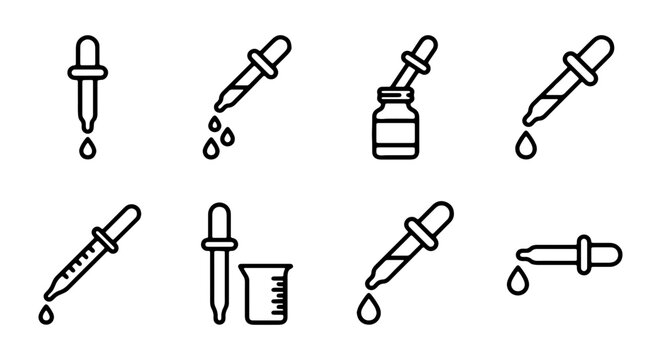 Dropper Icons Set, Liquid Transfer Pipette Symbols, Science Lab Equipment, Medical Healthcare Tools