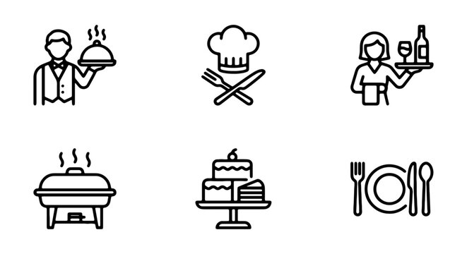 Restaurant Service Icons: Waiter, Chef, Catering, Food Warmer, Cake, Table Setting