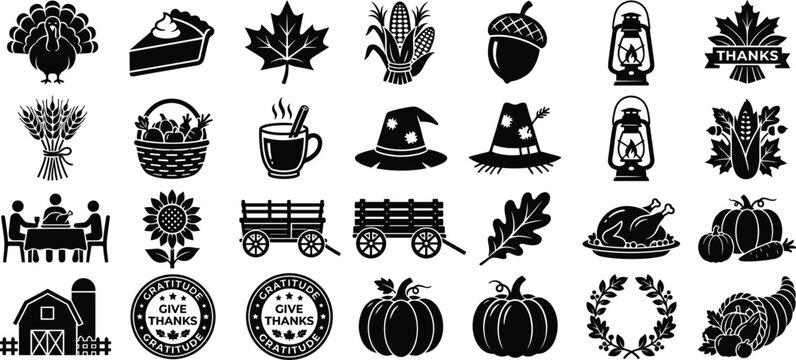 Thanksgiving harvest icon collection featuring turkey pumpkins gratitude autumn crops farmhouse traditions and seasonal celebration symbols.